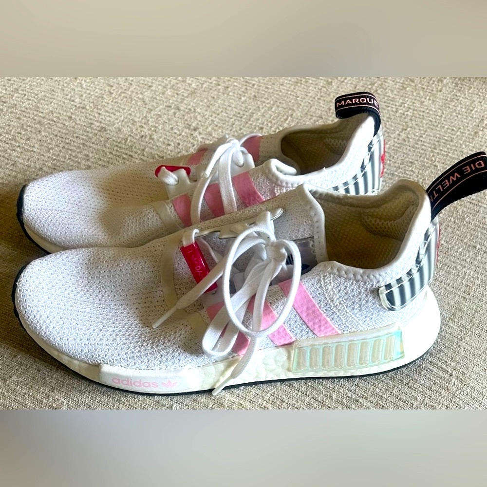 Adidas Women's NMD_R1 White True Pink Hologram Cloud White Sneakers Size 8.5